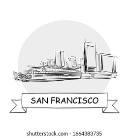 San Francisco Cityscape Vector Sign. Line Art Illustration with Ribbon and Title.