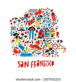 San Francisco comic map flat hand drawn vector illustration. California city architecture landmarks, tourist attractions infographic cartoon cliparts. Travel postcard, banner concept doodle design 