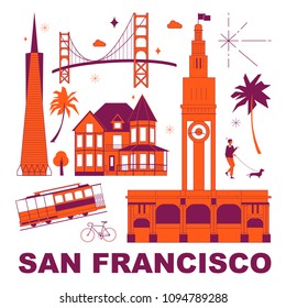 San Francisco culture travel set, famous architectures, specialties in flat design. Business travel and tourism concept clipart. Image for presentation, banner, website, advert, flyer, roadmap, icons