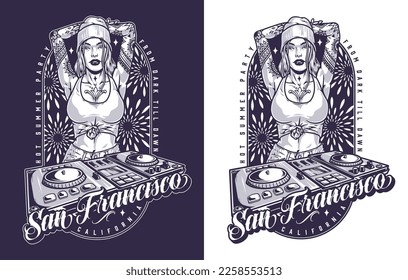 San Francisco DJ girl monochrome flyer with remote control for playing music in nightclub or trendy disco vector illustration