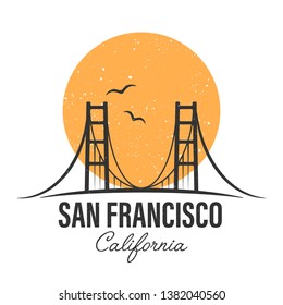 San Francisco famous bridge. California isolated vector logotype. Travel, journey, trip, vacation beach icon. USA state.
