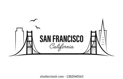 San Francisco famous bridge. California isolated vector logotype. Travel, journey, trip, vacation beach icon. USA state.