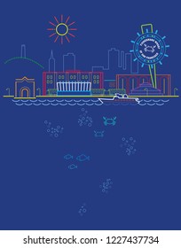 San Francisco Fisherman's Wharf vector illustration, sight of Fisherman's Wharf from sea,  outline flat vector  illustration isolated on dark blue background