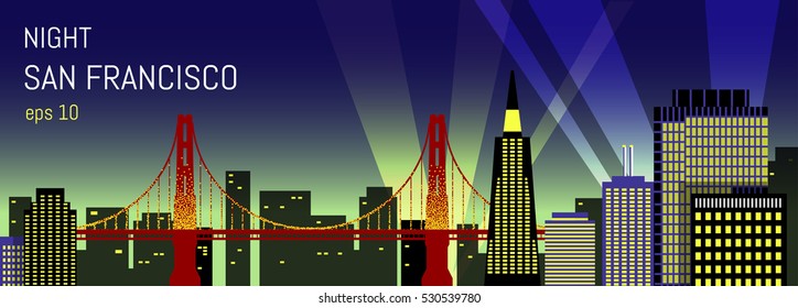 San Francisco flat illustration. Night view.