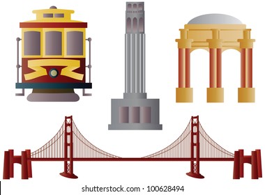 San Francisco Golden Gate Bridge Trolley Coit Tower and Palace of Fine Arts Illustration