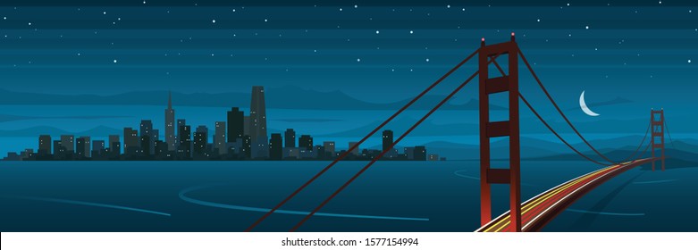 San Francisco and Golden Gate Bridge Landscape at Night Banner