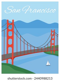 San Francisco. Puente Golden Gate. Lugar famoso en Estados Unidos. Ilustración vectorial plana. Cartel de viaje y diseño de tarjeta. 