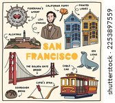 San Francisco. Hand drawn illustration of different landmarks and symbols. 