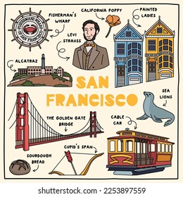 San Francisco. Hand drawn illustration of different landmarks and symbols. 