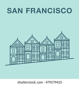 San Francisco Houses On Hill. Line Art Illustration.