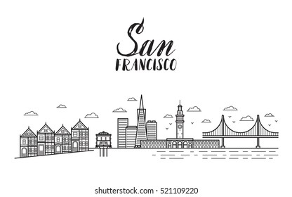 San Francisco illustration with modern lettering, city buildings, golden gate bridge and cable car.