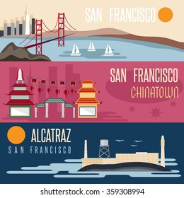 San Francisco landmarks horizontal flat design vector banners