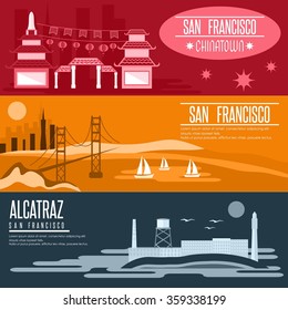 San Francisco landmarks horizontal flat design vector banners