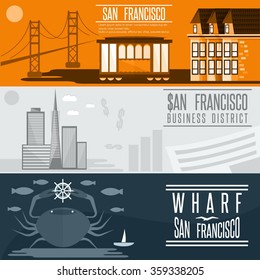 San Francisco landmarks horizontal flat design vector banners