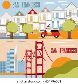 San Francisco landmarks horizontal flat design vector banners