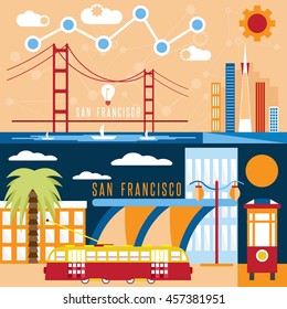 San Francisco landmarks horizontal flat design vector banners