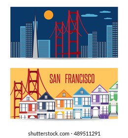 San Francisco landmarks horizontal flat design vector banners