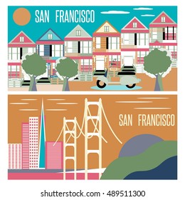 San Francisco landmarks horizontal flat design vector banners