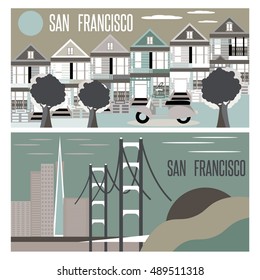 San Francisco landmarks horizontal flat design vector banners