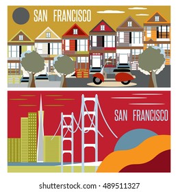 San Francisco landmarks horizontal flat design vector banners