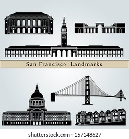 San Francisco landmarks and monuments isolated on blue background in editable vector file