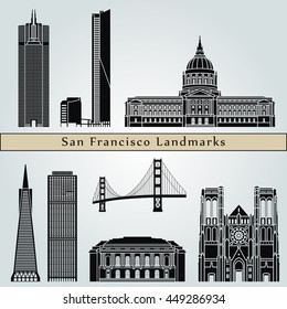 San Francisco landmarks and monuments isolated on blue background in editable vector file