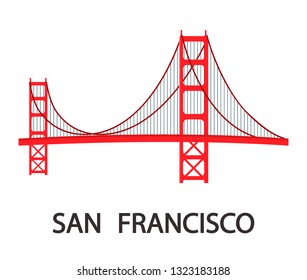 San Francisco Modern Cityscape Flat Illustration. Golden Gate Bridge Vector Drawing with Lettering. USA Tourist Attraction Travel Postcard. World Famous Architectural Landmark Isolated Clipart