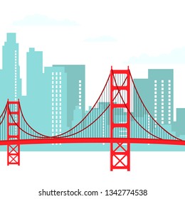 San Francisco Modern Cityscape Vector Illustration. Golden Gate Bridge Flat Drawing. Skyscrapers Silhouettes on Background. USA Tourist Attraction Travel Poster. World Famous Architectural Landmark