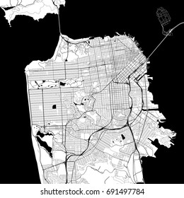 San Francisco Monochrome Vector Map. Very large and detailed outline Version on White Background. Black Highways and Railroads, Streets and Water.