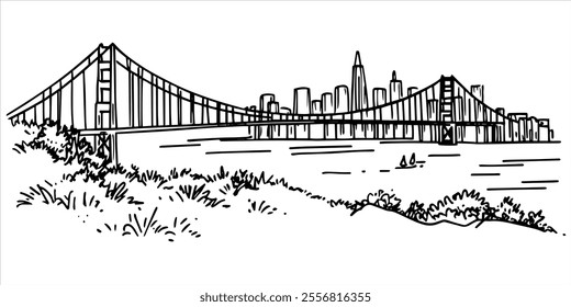 San Francisco panorama city, hand drawing doodle hatching vector sketch