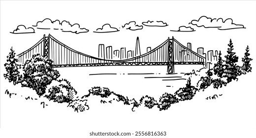 San Francisco panorama city, hand drawing doodle hatching vector sketch