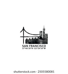 Panorama de San Francisco, insignia de Vector, logotipo e ícono del horizonte. Logotipo del horizonte de la ciudad del estado de California de Estados Unidos con Lugares famosos y siluetas de construcción. Gradiente abstracto brumoso aislado gráfico para América