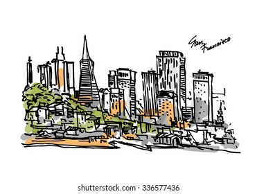 San Francisco panorama view. City architecture. Colorful sketch.