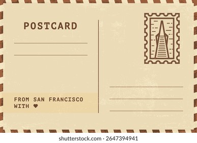 Do modelo de cartão postal de São Francisco. Ilustração de cartão postal estilo vintage grungy vetor com selo, torre, marco, mensagem. Layout de imagem simples de saudações simples