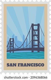 San francisco postal stamp with bridge sight. Vector stamp america city, tourism postal usa illustration symbol of mail