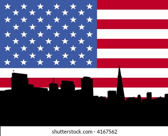 San Francisco skyline with American flag illustration