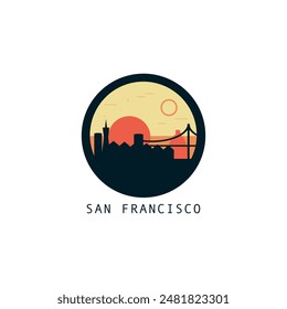 San Francisco skyline, downtown panorama logo, logotype. USA, California state round badge contour, isolated vector vintage pictogram with monuments, landmarks