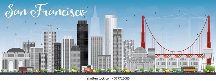 San Francisco Skyline with Gray Buildings and Blue Sky. Vector Illustration. Business Travel and Tourism Concept with Modern Buildings. Image for Presentation Banner Placard and Web Site.