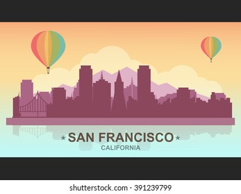 San Francisco Skyline with Hot Air Balloons. Flat Design Style. 