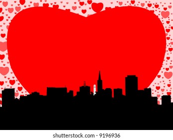 San Francisco skyline with valentines hearts illustration