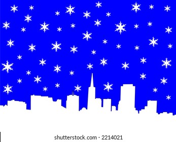 San Francisco Skyline In Winter Illustration With Snowflakes