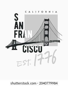 San Francisco slogan with black and white bridge shadow vector illustration