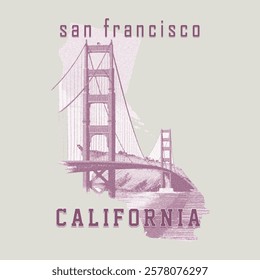 San Francisco slogan with Golden Gate Bridge illustration. Vector graphic for t-shirt print and other uses. San Francisco landspace illustration. Men Street wear graphic T shirt California San Francis