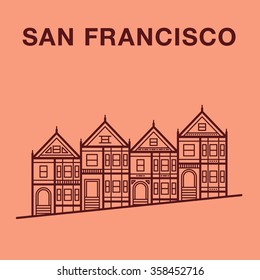 San Francisco Street Illustration With Victorian Houses Made In Line Art Style