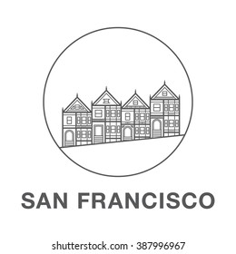 San Francisco street illustration with victorian houses made in line art style. World famous San Francisco houses.
