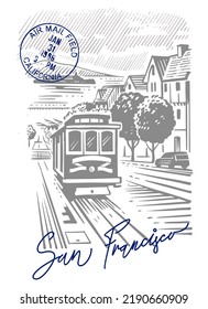 San Francisco Streetcar postcard. Hand drawn landmarks and symbolic for traveling.