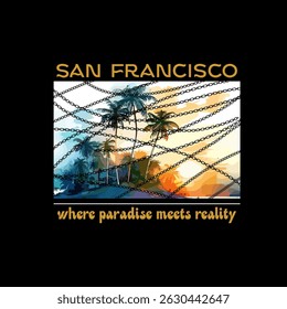 San Francisco Sunset Chains - Gráfico Surreal Tropical T-Shirt.