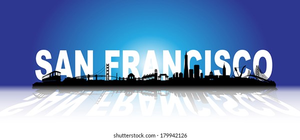 San Francisco three-dimensional skyline Silhouette vector artwork on blue background