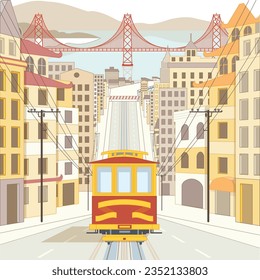 San Francisco tram going down steep road with Golden Gate Bridge in the background based on famous retro travel poster.