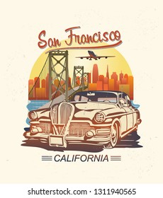 San Francisco typography for t-shirt print with retro car.Vintage poster.